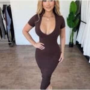 Brown Ribbed V-Neck Bodycon Dress